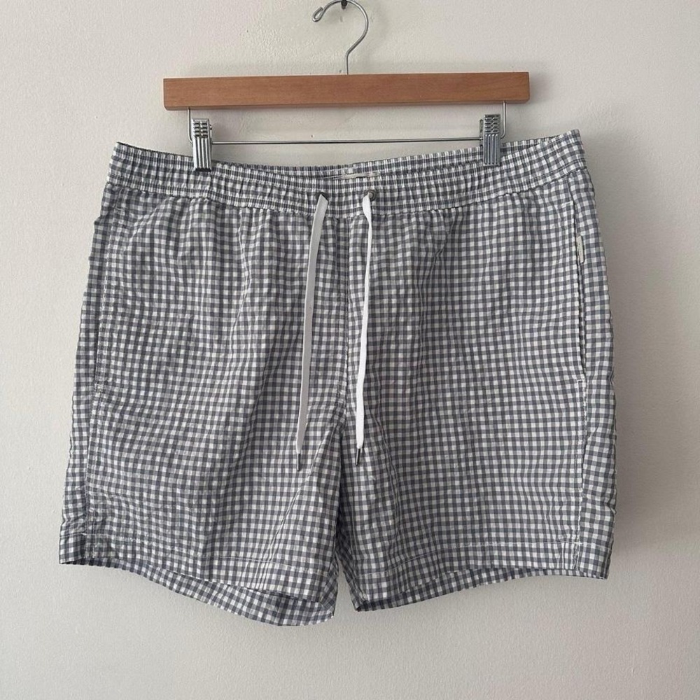 Onia Men's Gingham Swim Trunks drawstring grey/white check size xl
